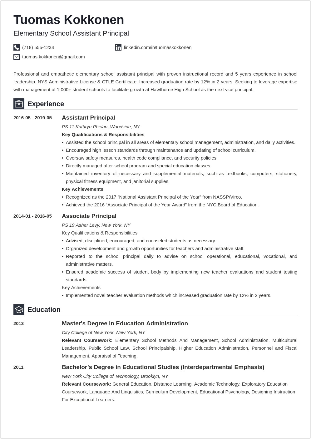 First Time Assistant Principal Resume Template