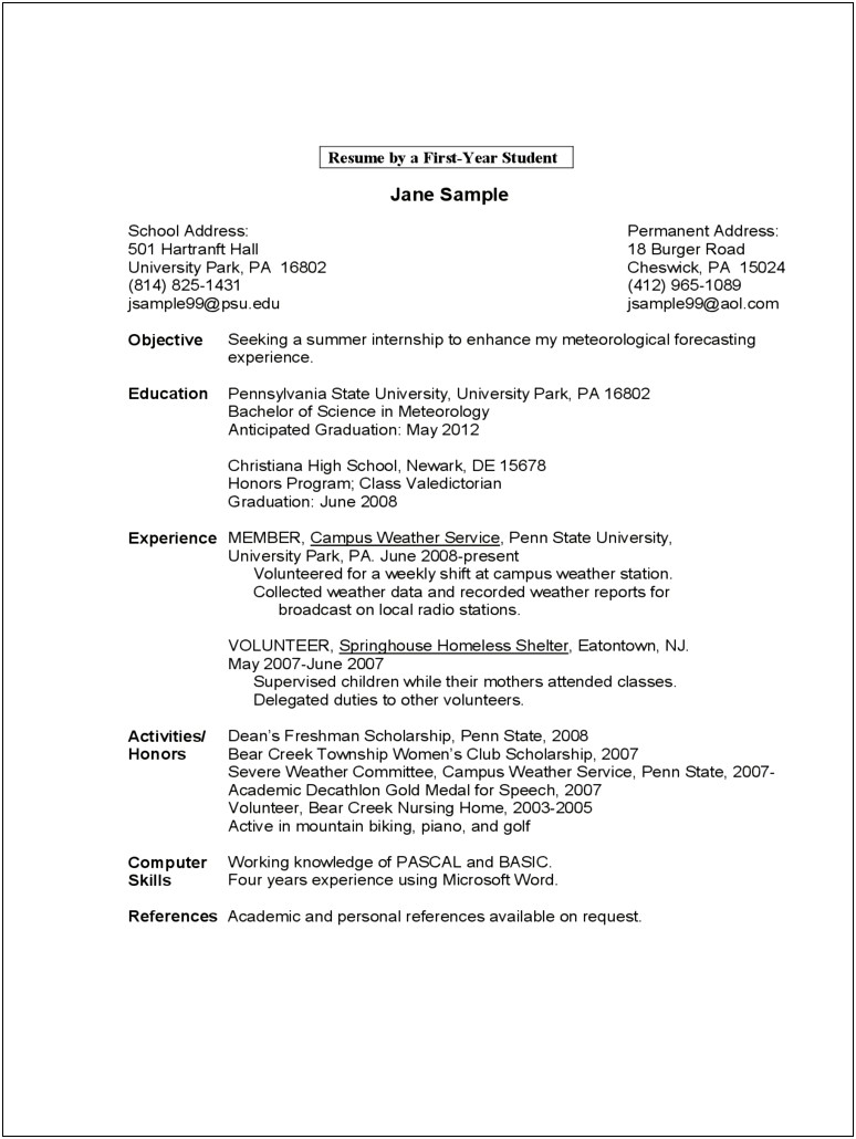 First Time College Resume Examples