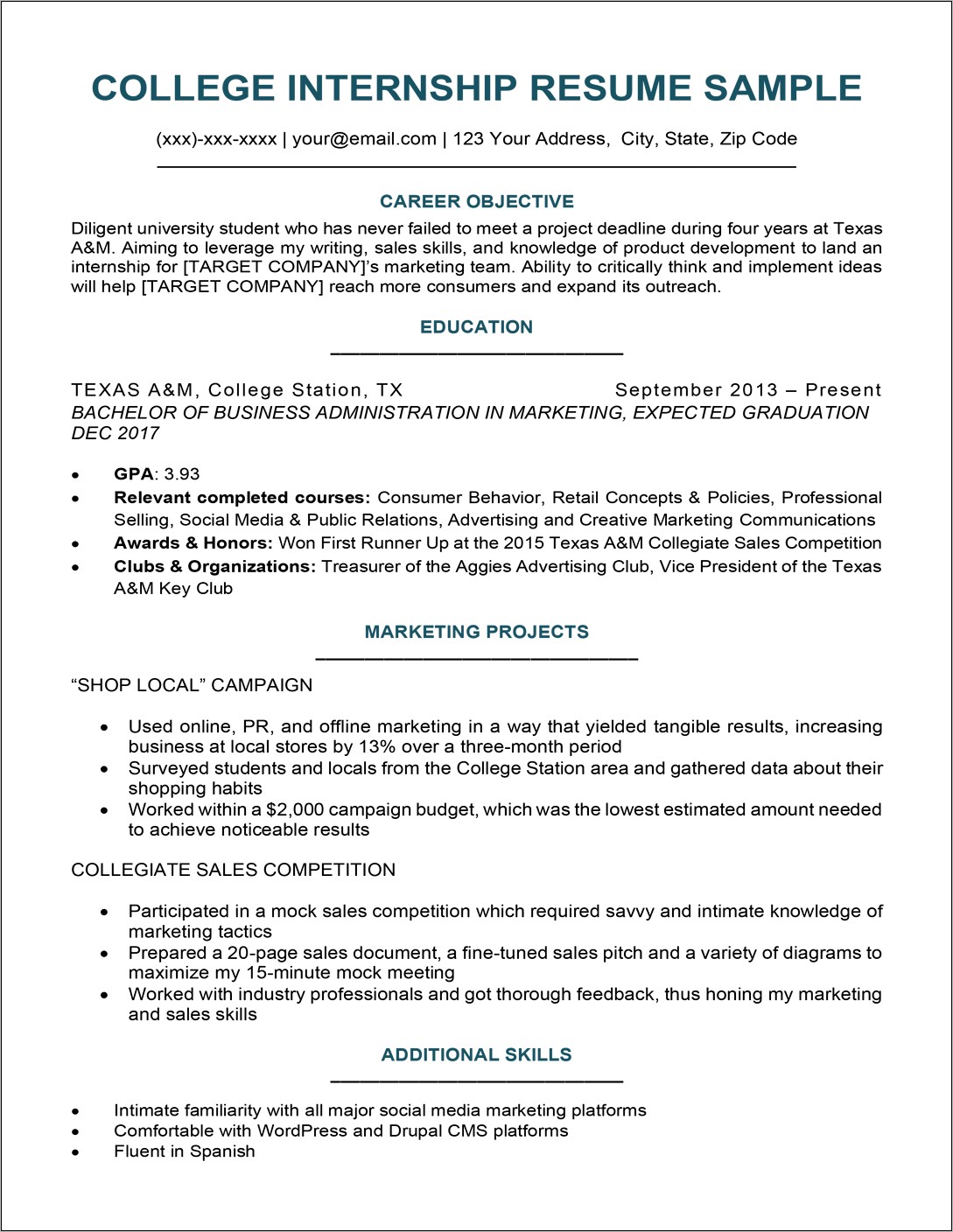 First Time College Resume Sample