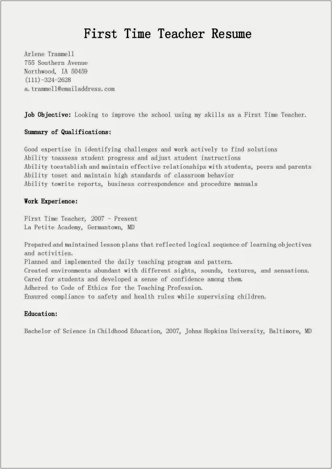 First Time Employment Resume Objective