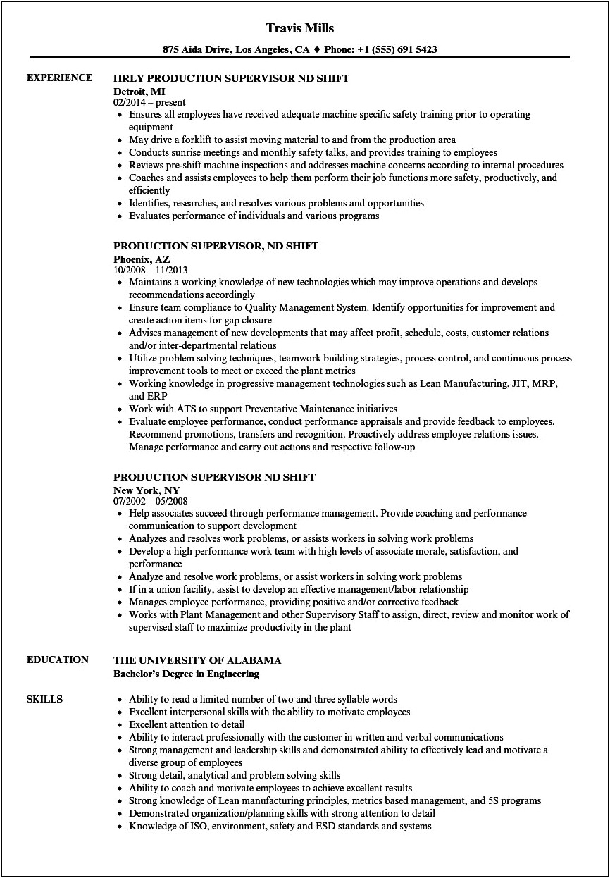 First Time Production Supervisor Objective For Resume