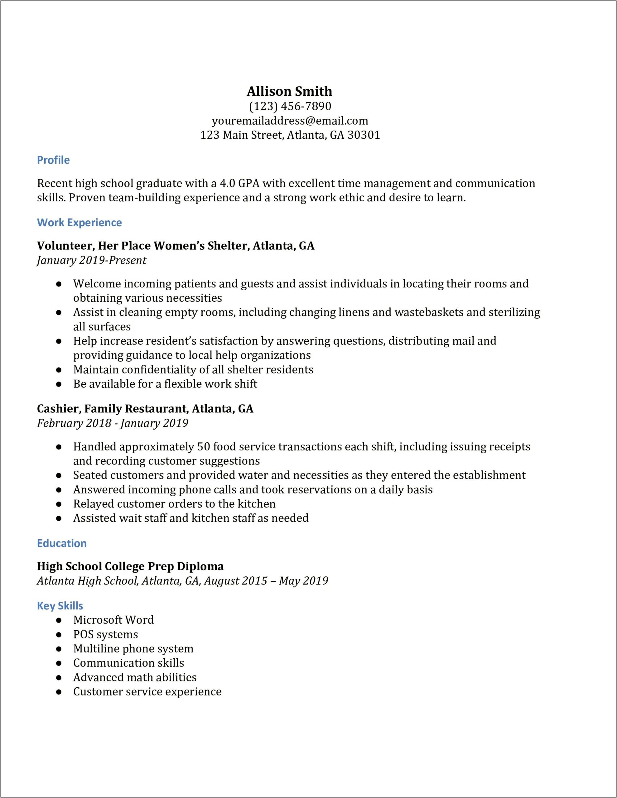 First Time Resume For High School Student