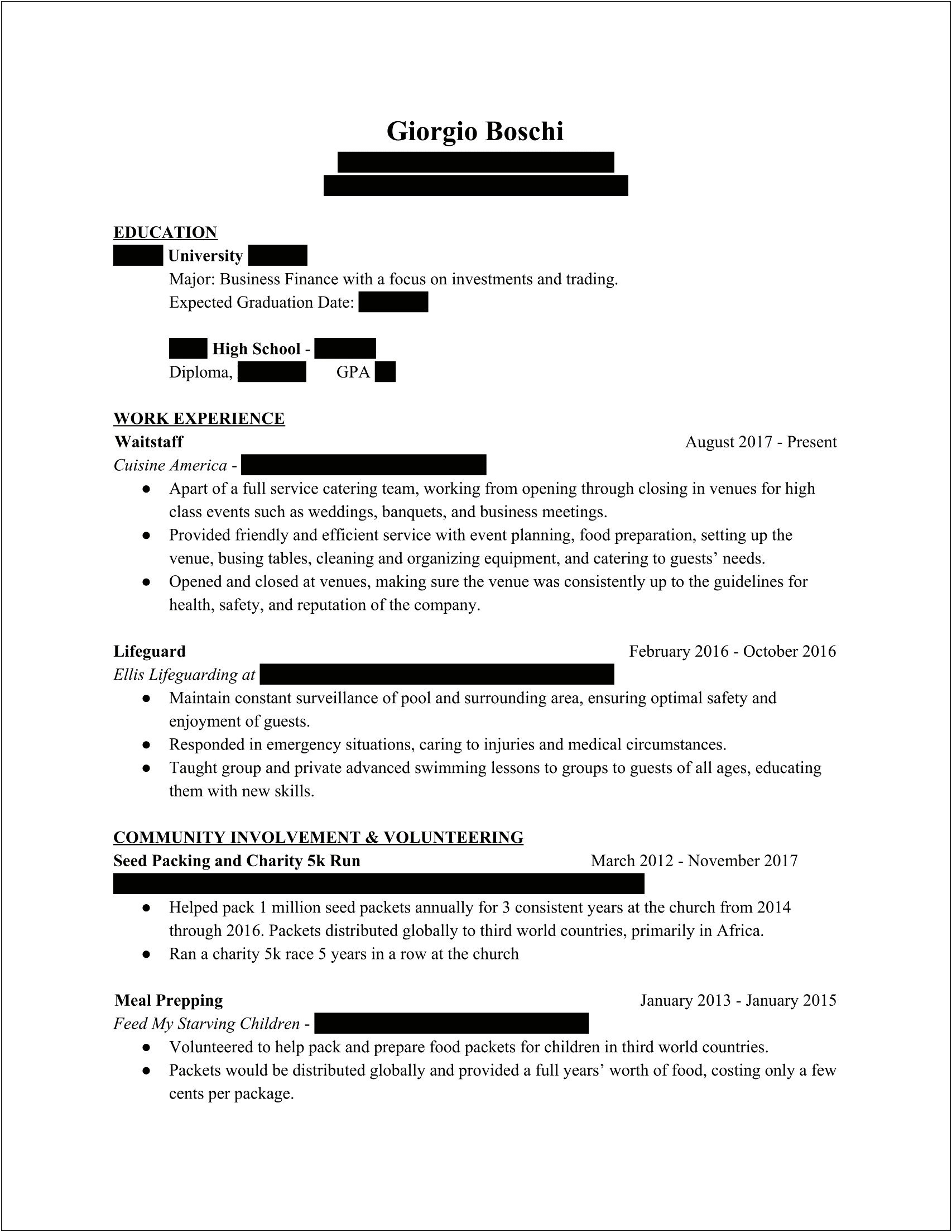 First Time Resume Out Of High School