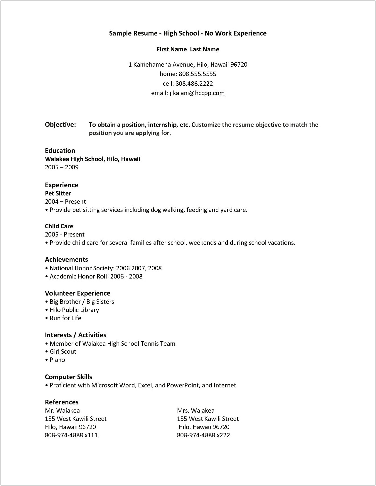 First Time Resume With No Experience Examples