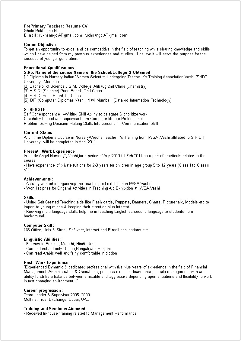 First Time Teacher Resume With No Experience Samples