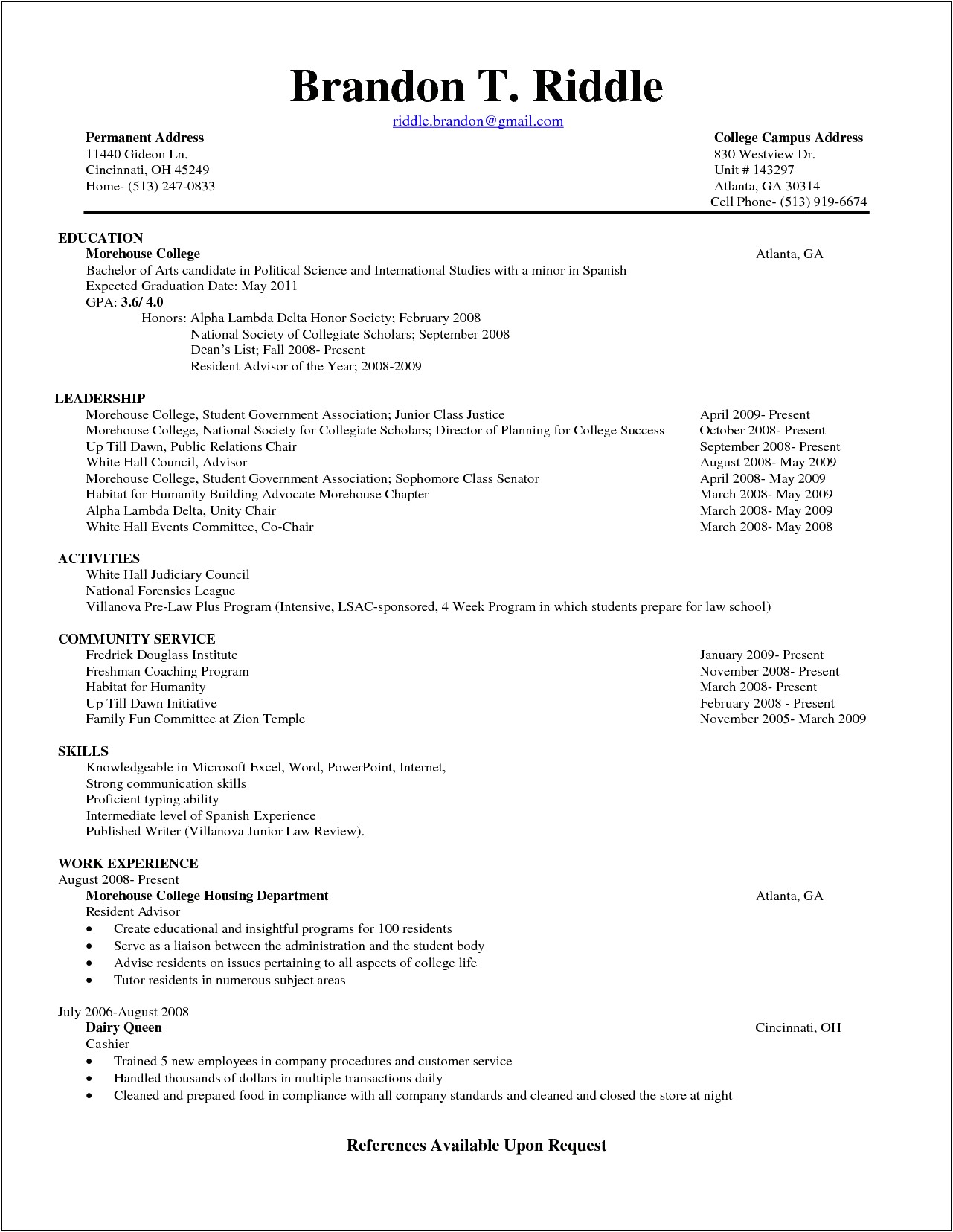 First Year College Resume Sample