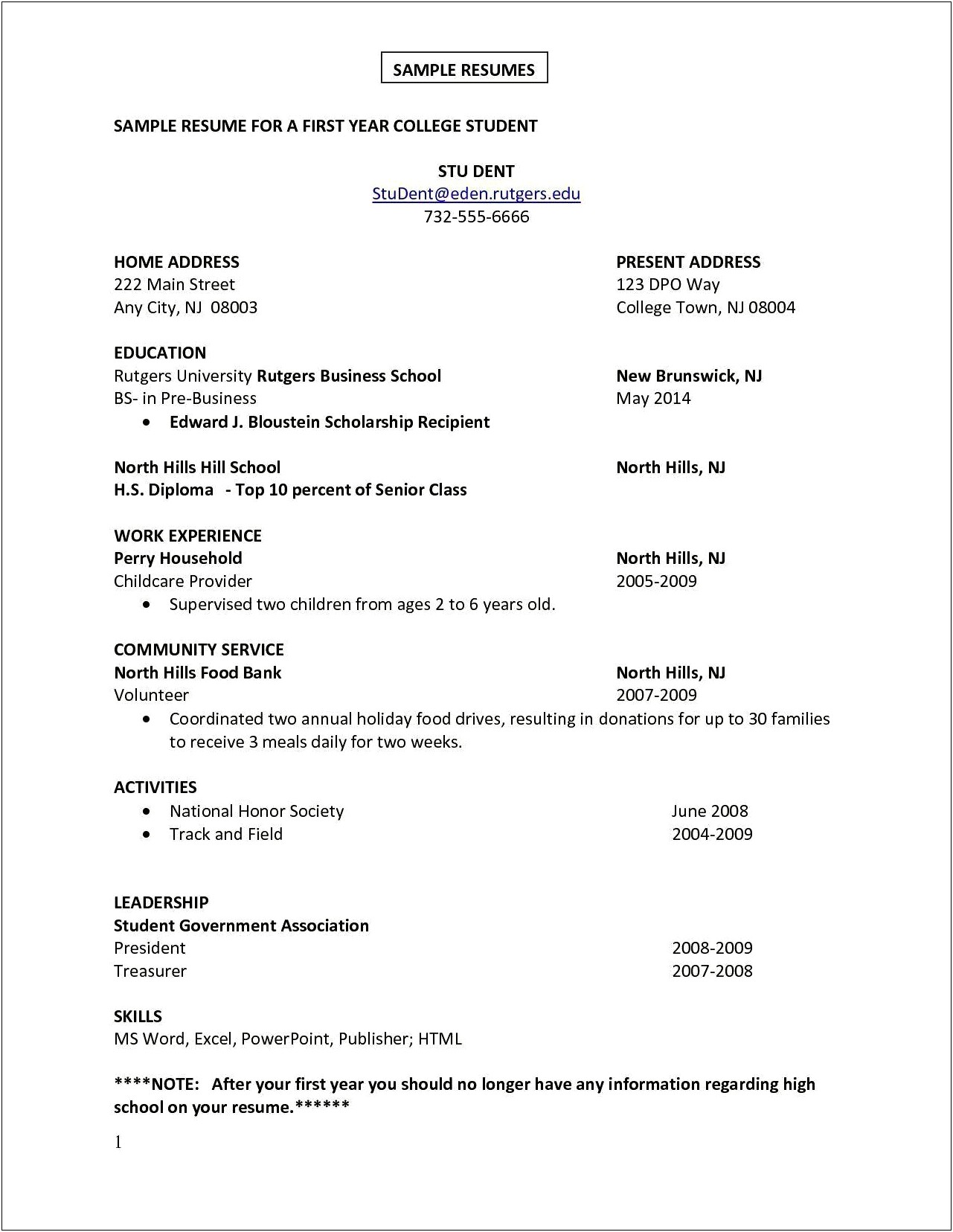 First Year College Student Example Resume