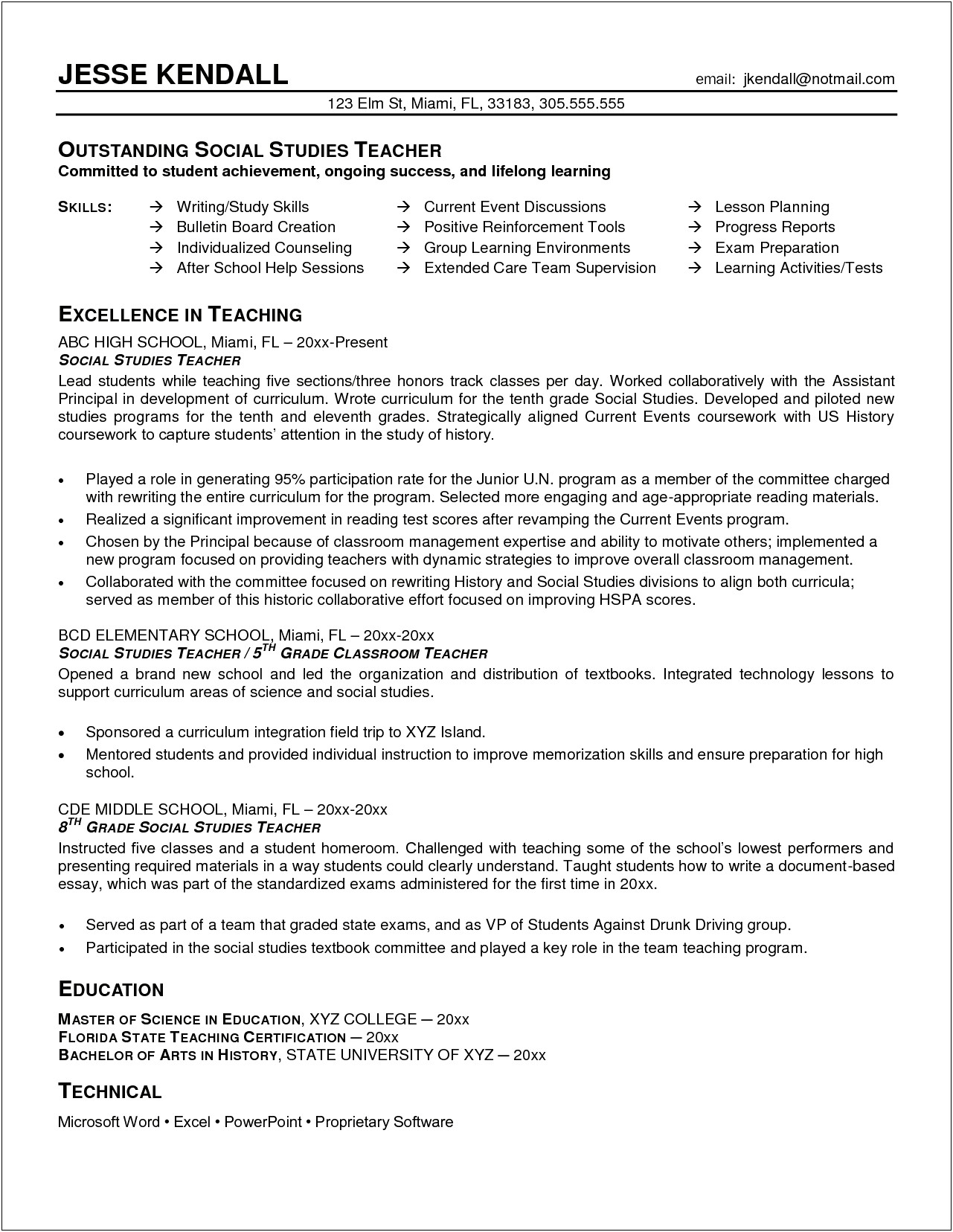 First Year Middle School Teacher Resume