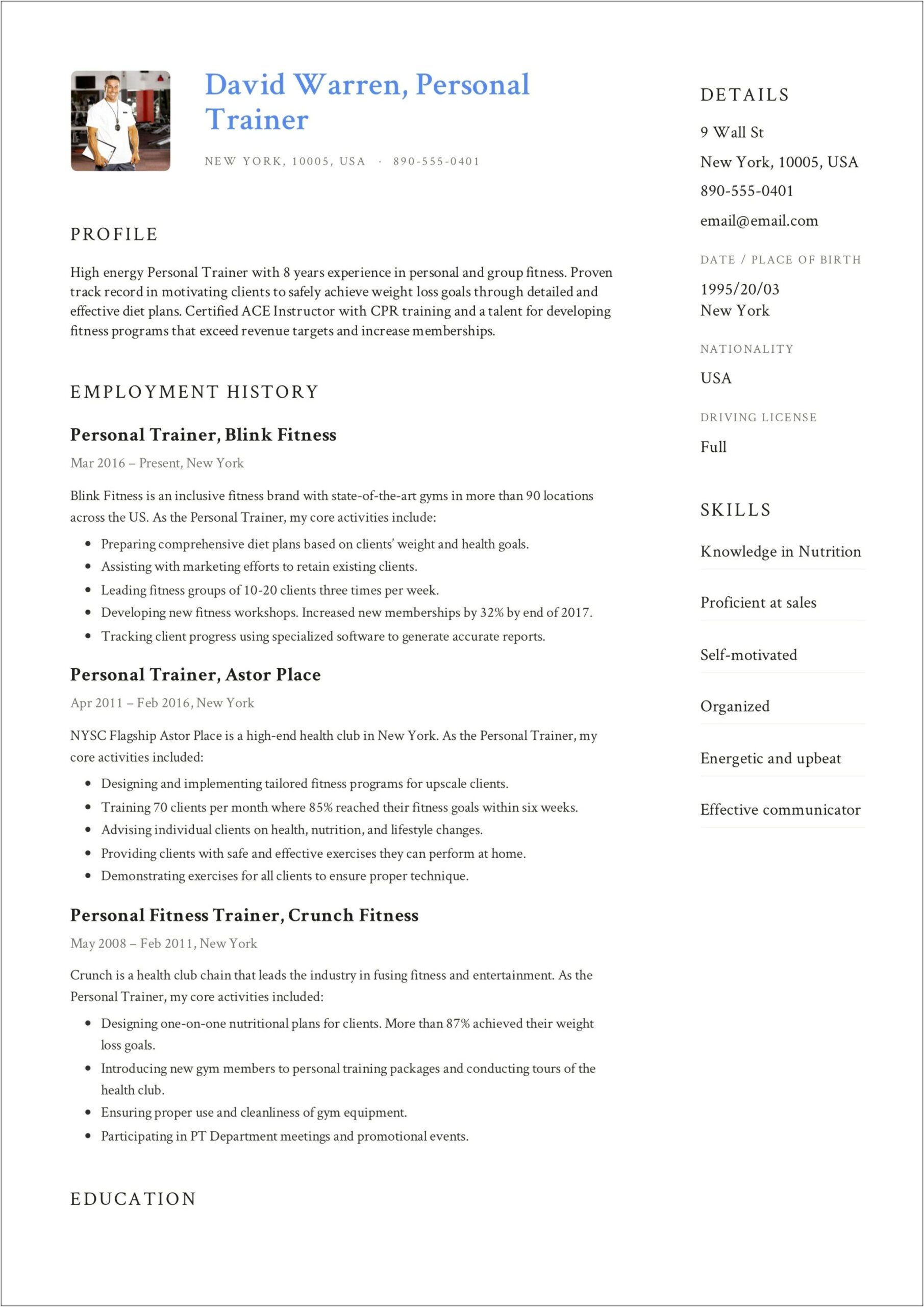 Fitness Consultant Job Description Resume