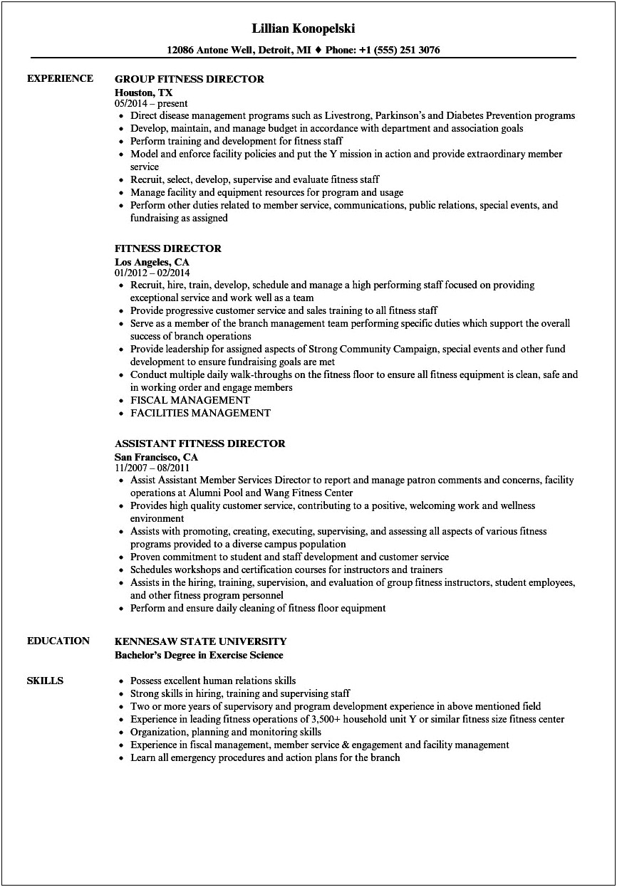 Fitness Outreach Job Description Resume