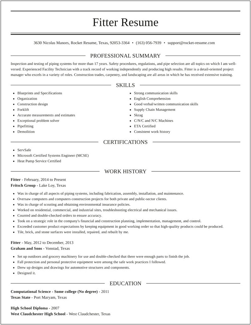 Fitter And Turner Resume Example