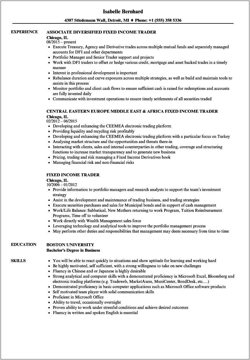 Fixed Income Analyst Resume Sample
