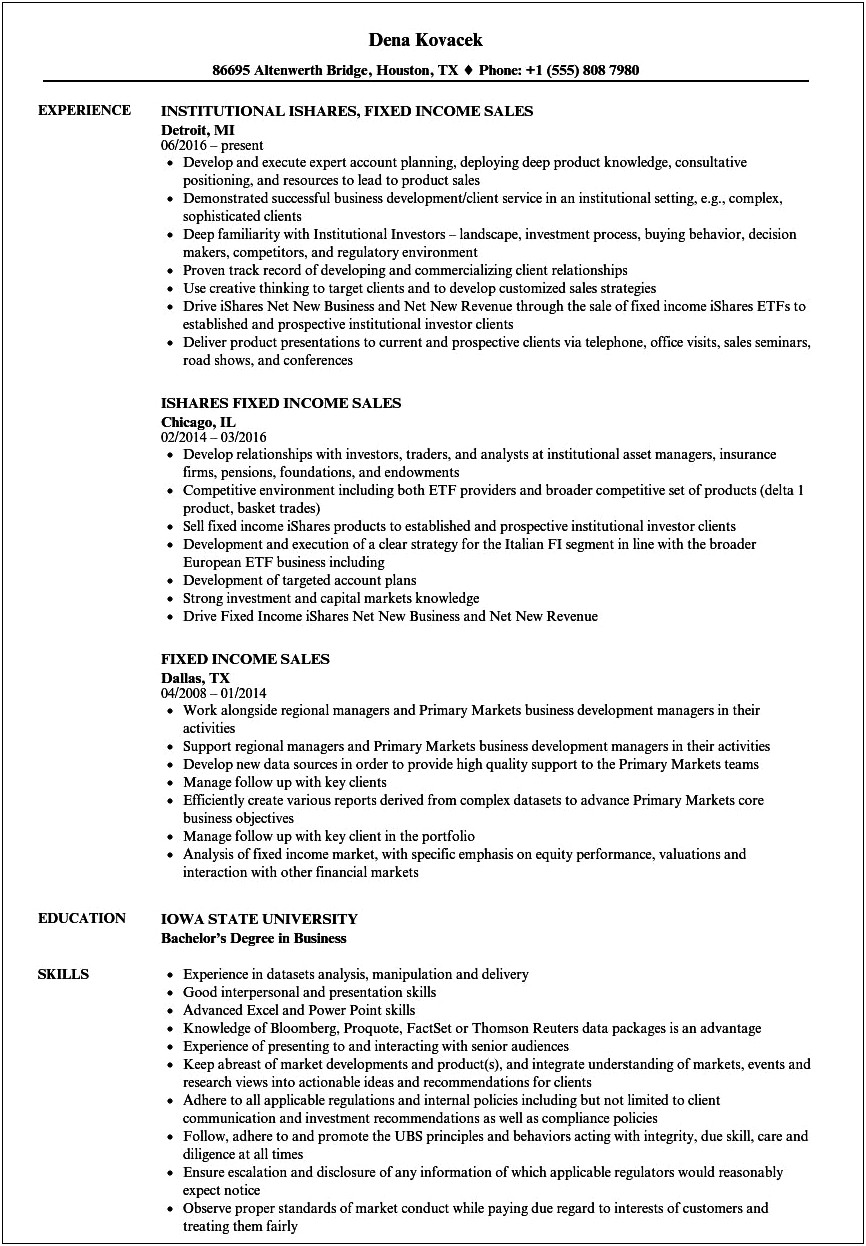 Fixed Income Trader Resume Sample