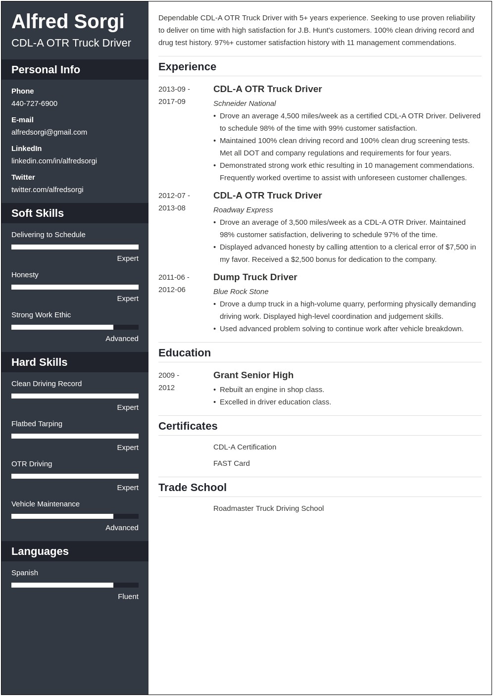 Flatbed Truck Driver Resume Example