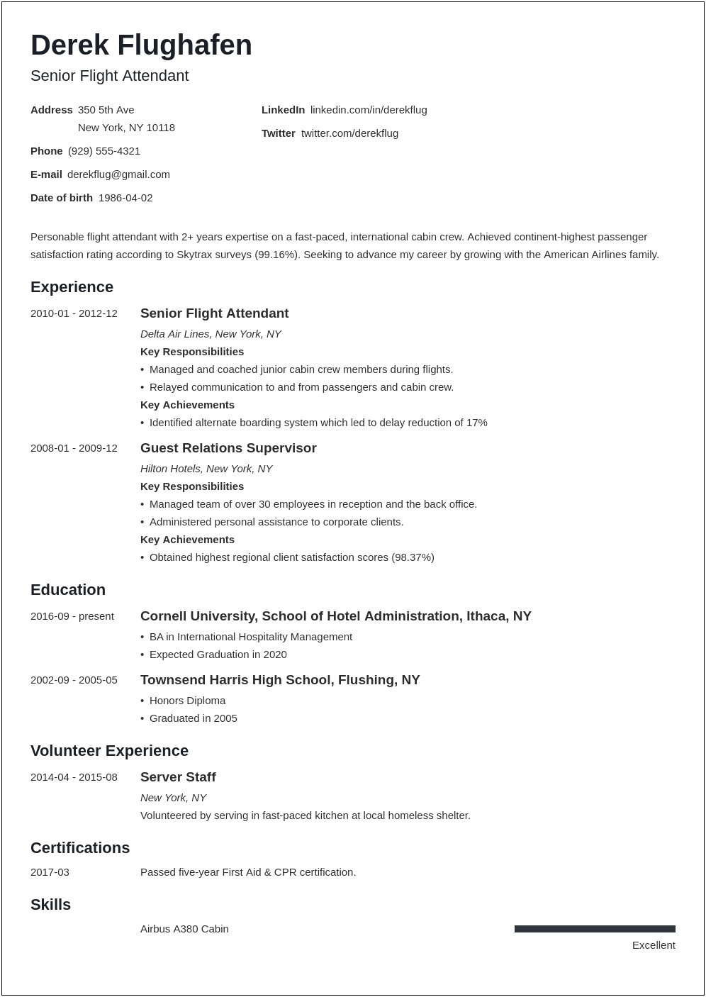 Flight Attendant Job Description On Resume
