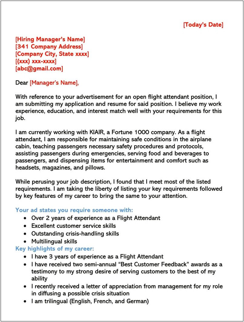 Flight Attendant Resume Cover Letter Sample