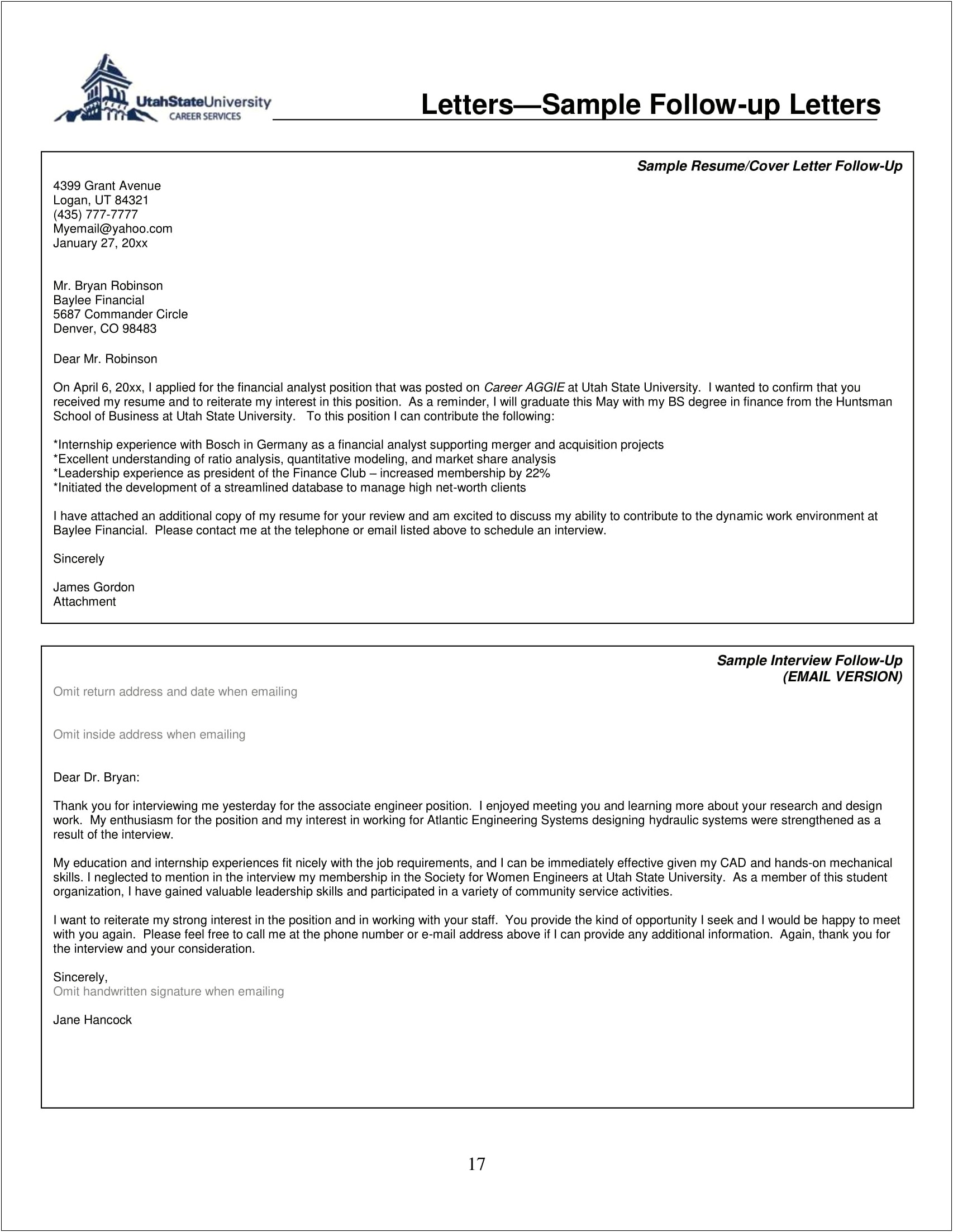 Follow Up Letter After Resume Submission Sample