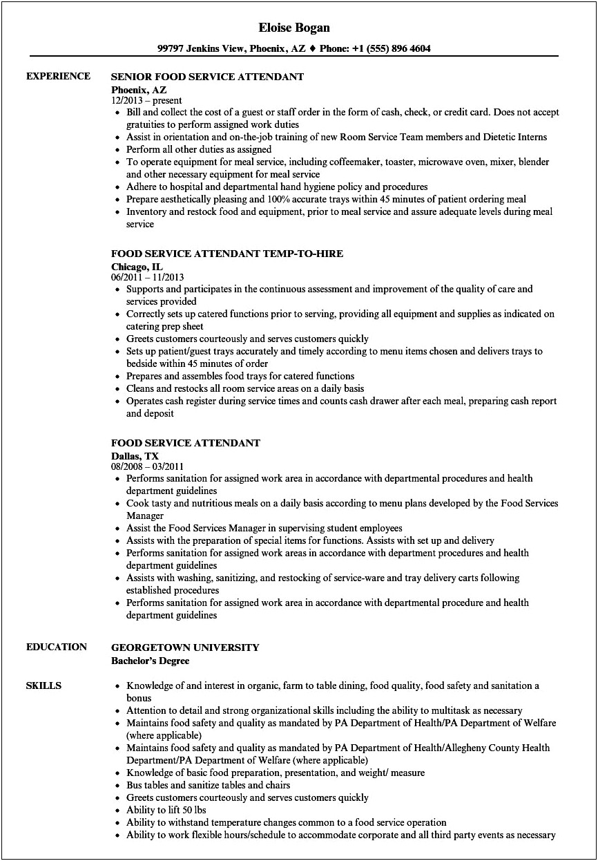 Food And Beverage Attendant Job Description For Resume