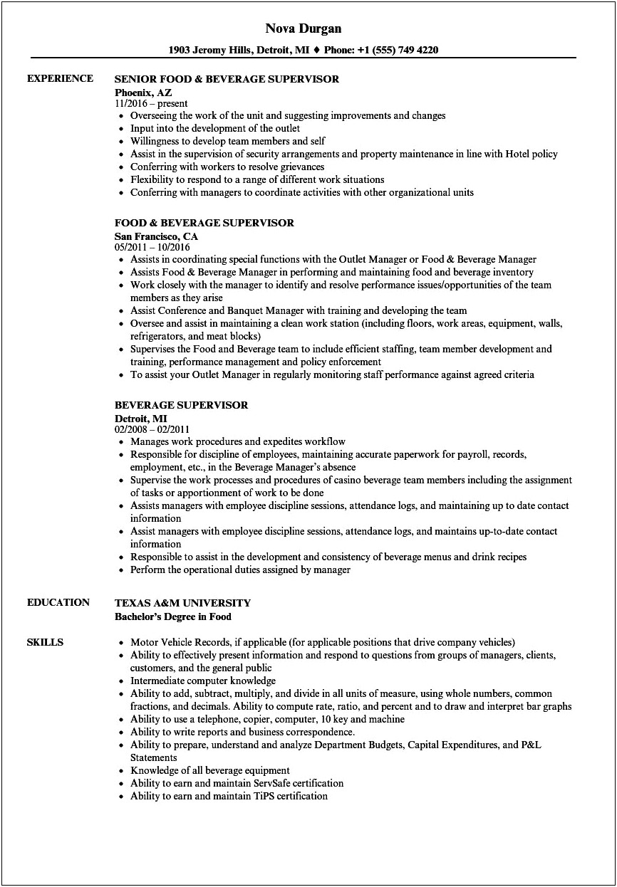 Food And Beverage Job Description For Resume