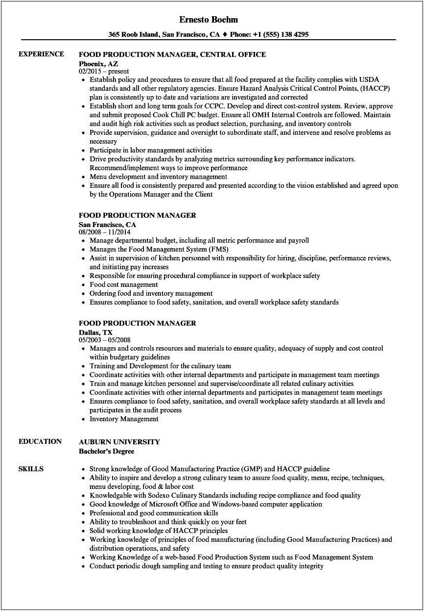 Food And Beverage Operations Manager Resume Sample