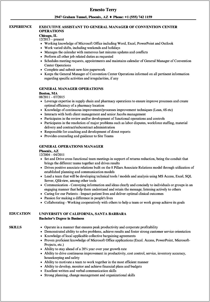 Food And Beverage Operations Manager Resume