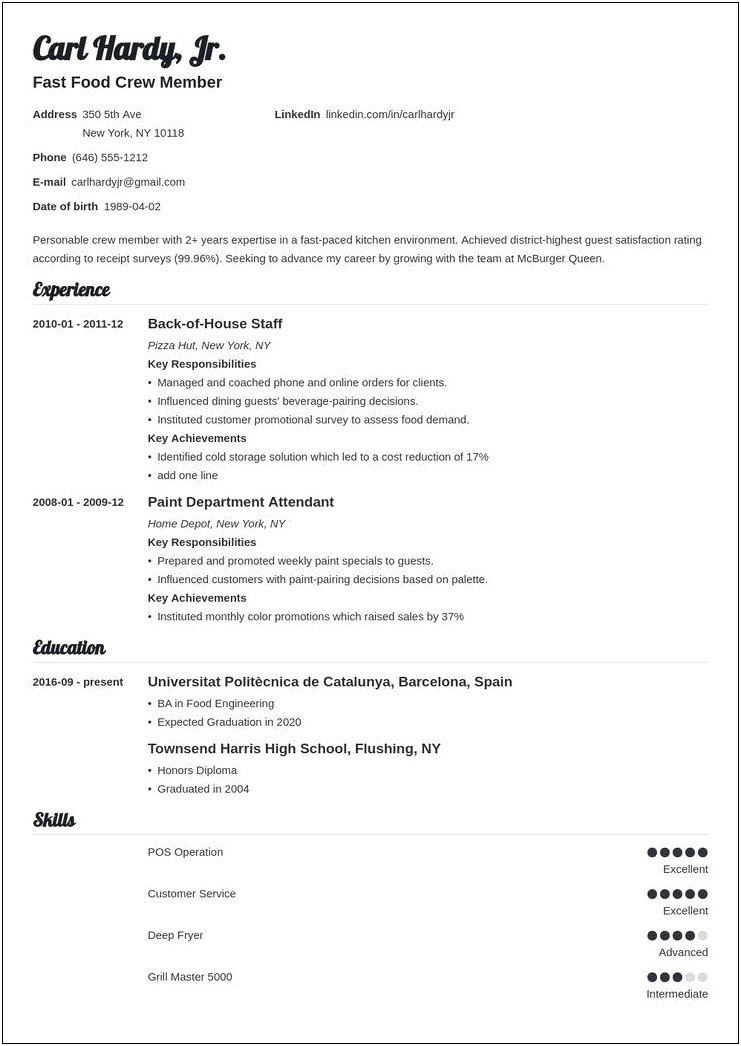Food And Beverage Quick Service Resume Samples