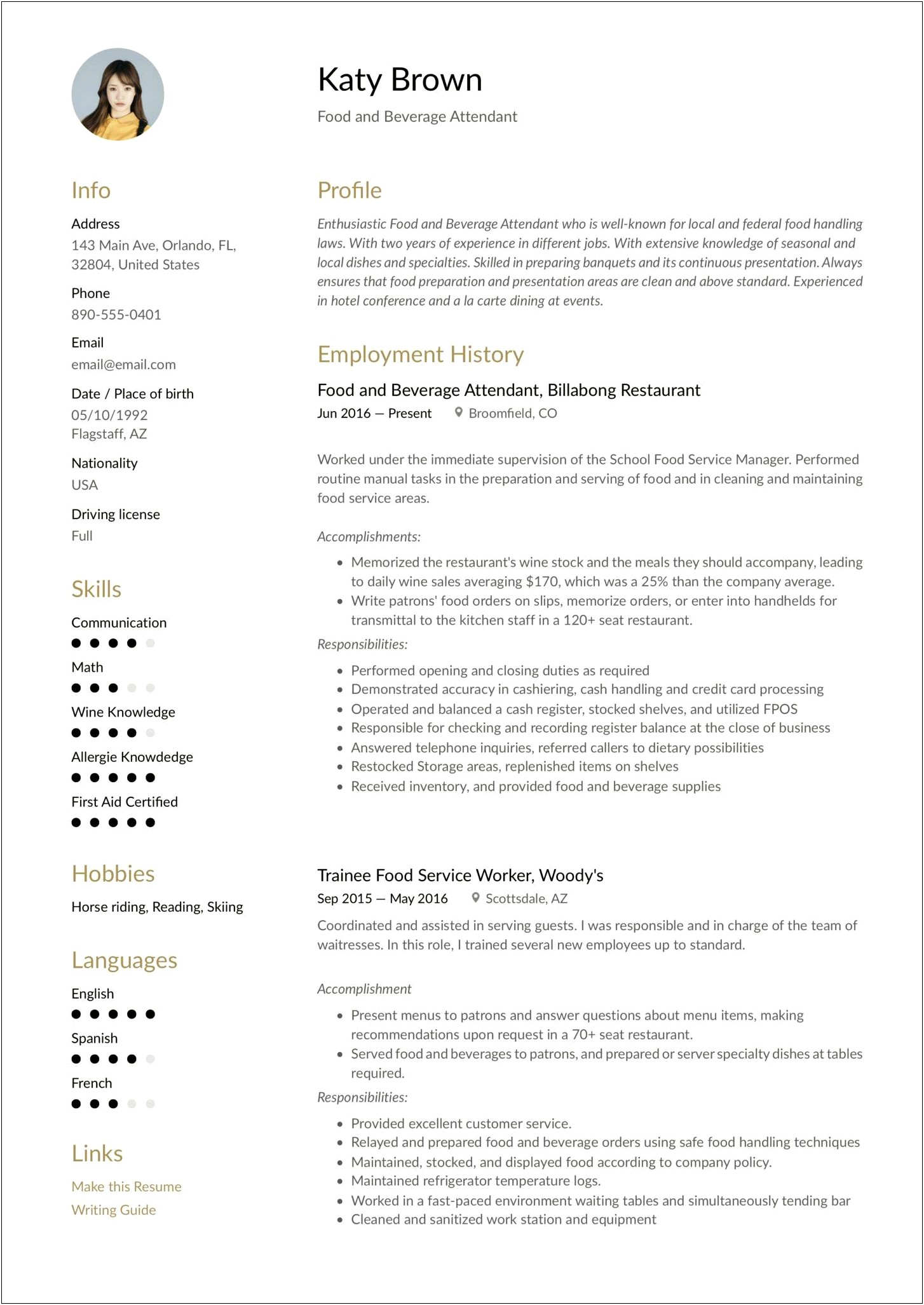 Food And Beverage Supervisor Job Description Resume