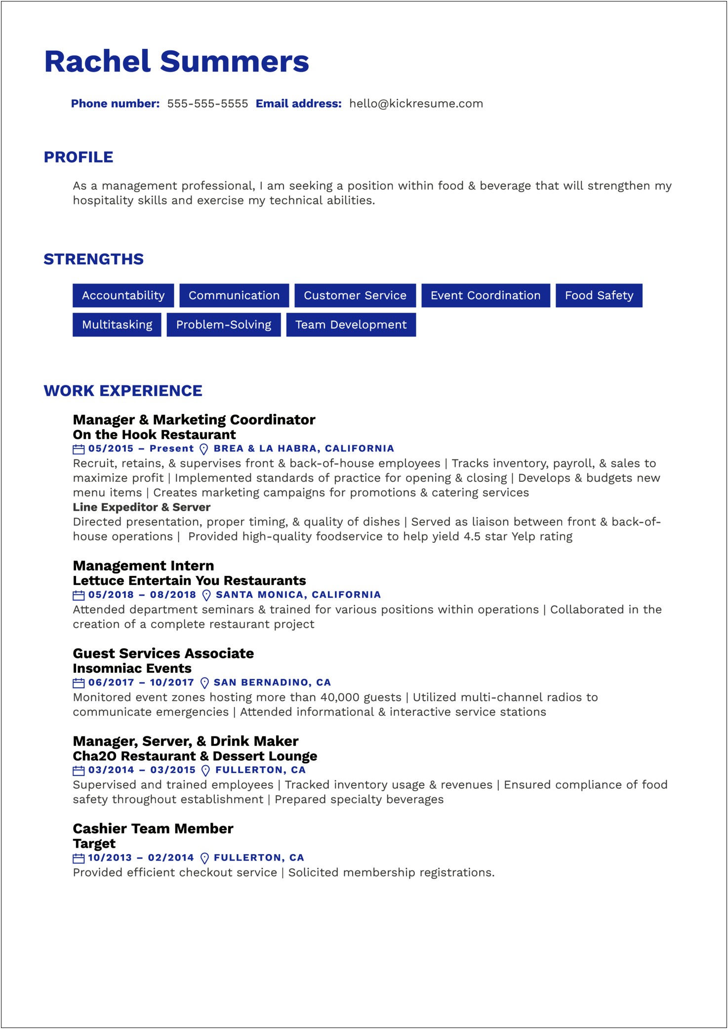 Food And Beverage Supervisor Resume Examples