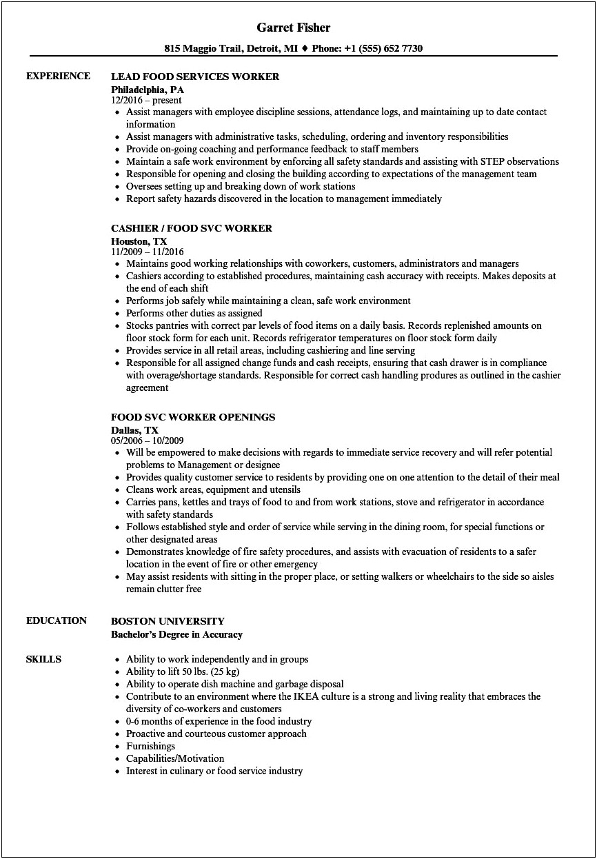 Food Baking Mix Production Worker Resume