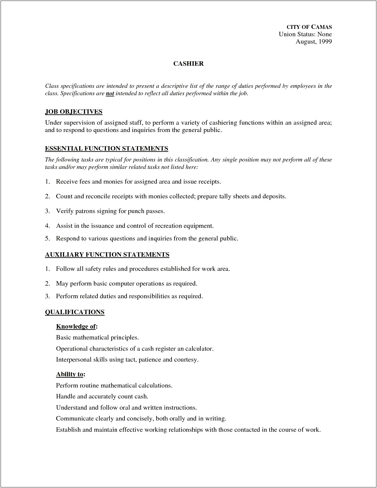 Food Cashier Job Description Resume