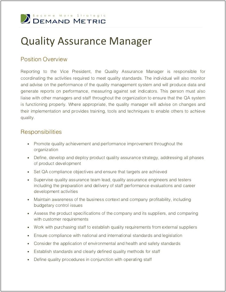Food Industry Quality Assurance Manager Resume
