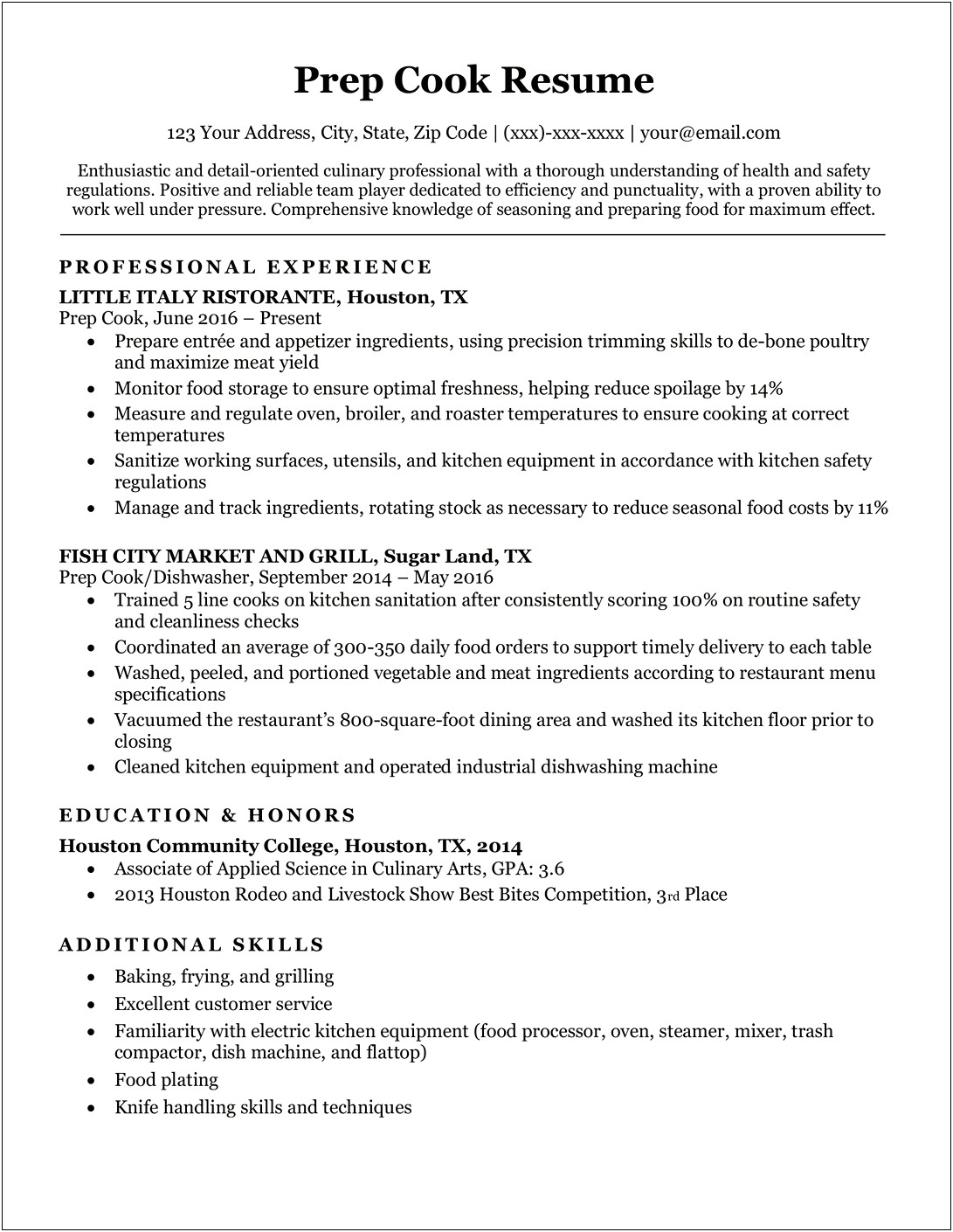 Food Preparation Job Description Resume