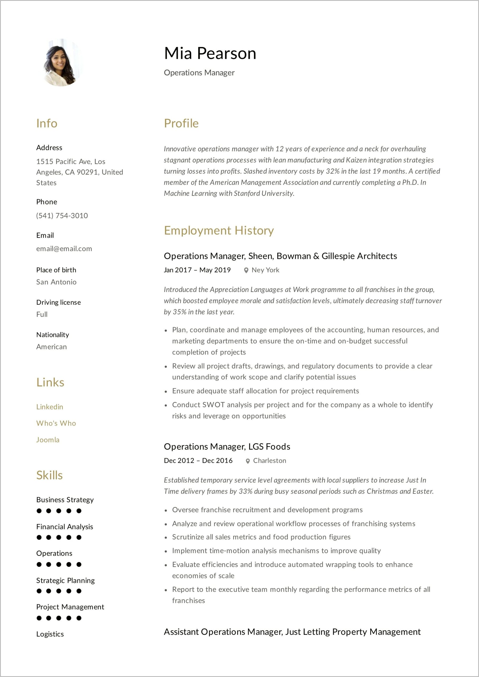 Food Production Operations Manager Job Description Resume