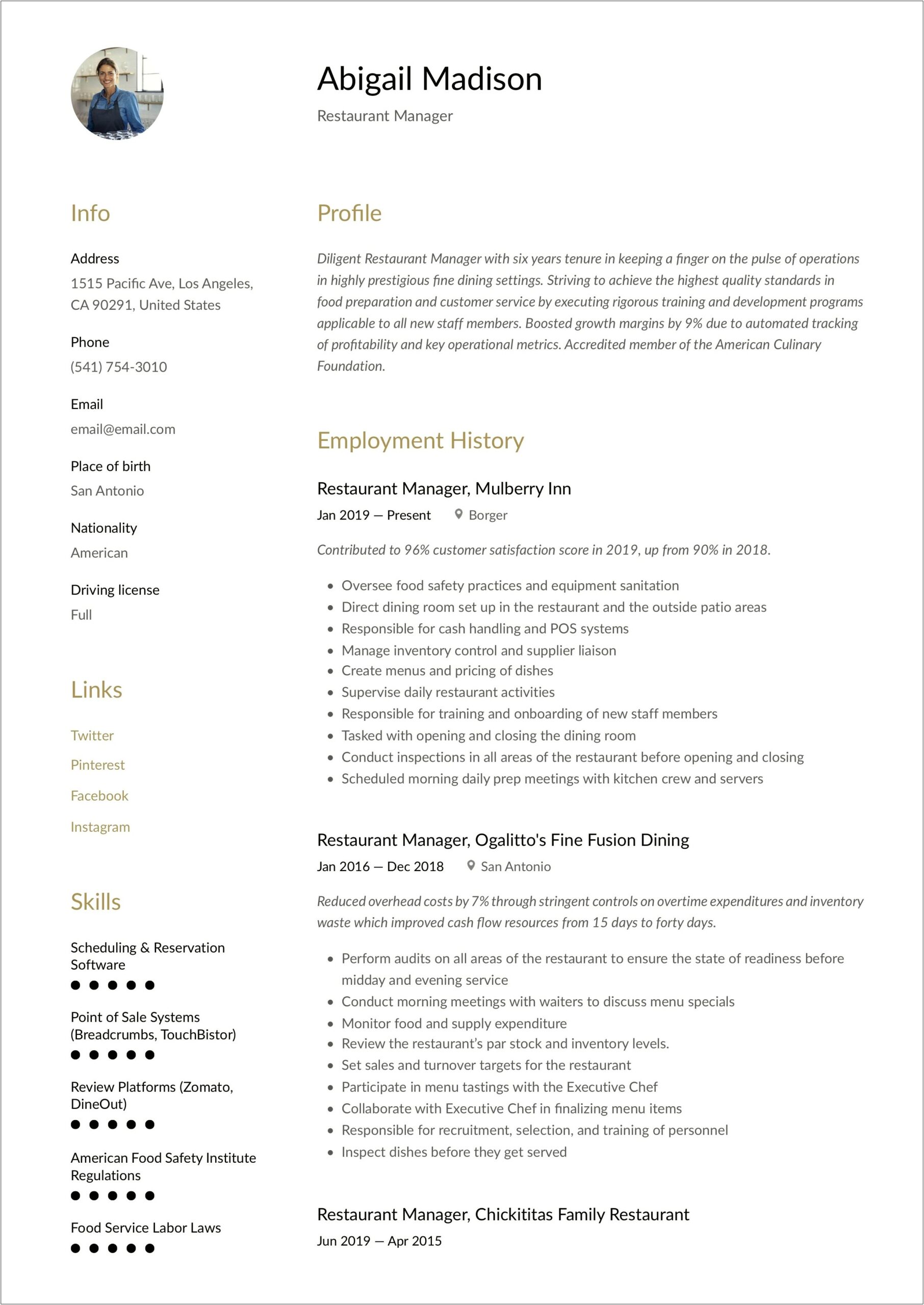Food Safety And Restuarant Manager Resume