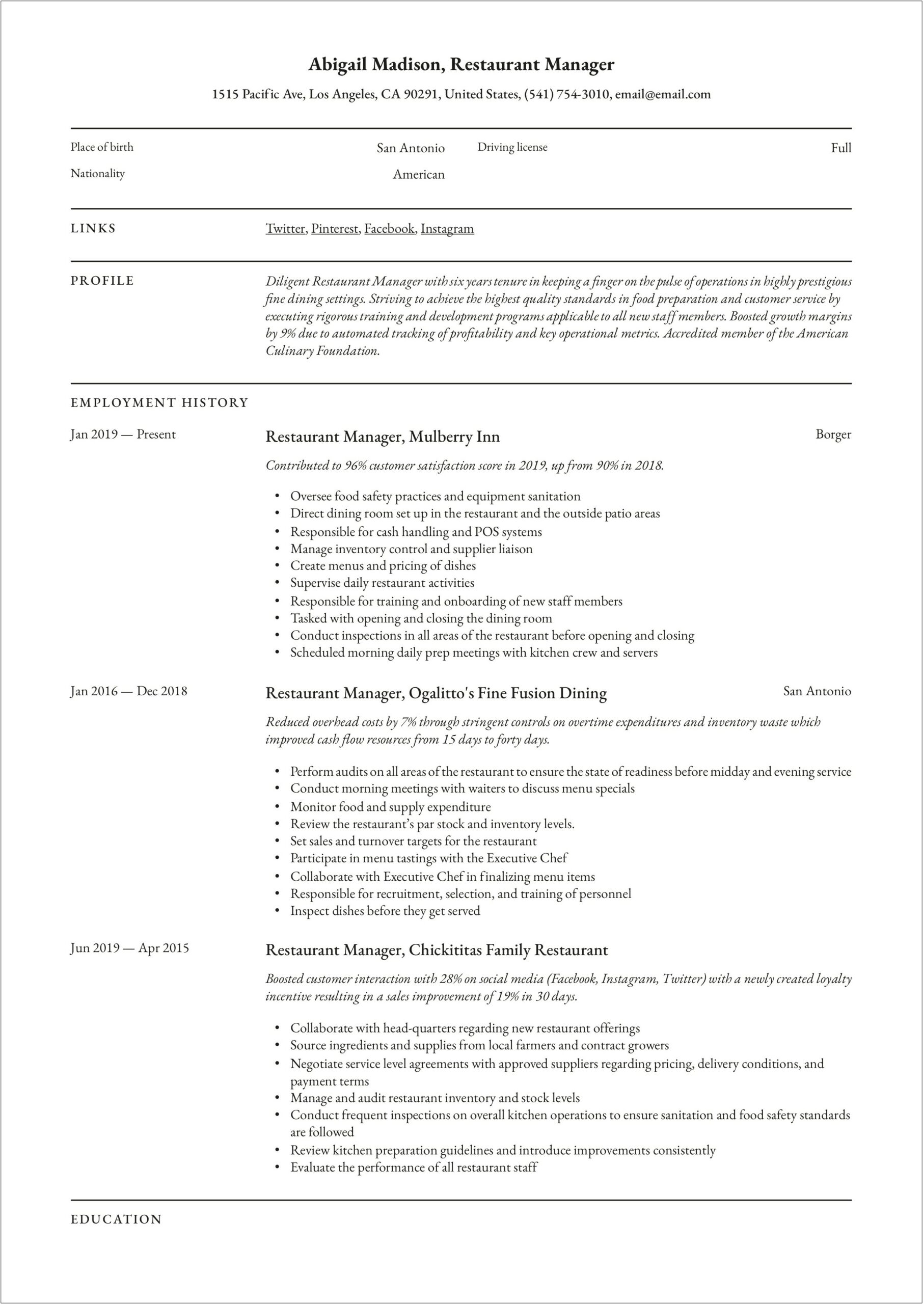Food Service Assistant Manager Resume