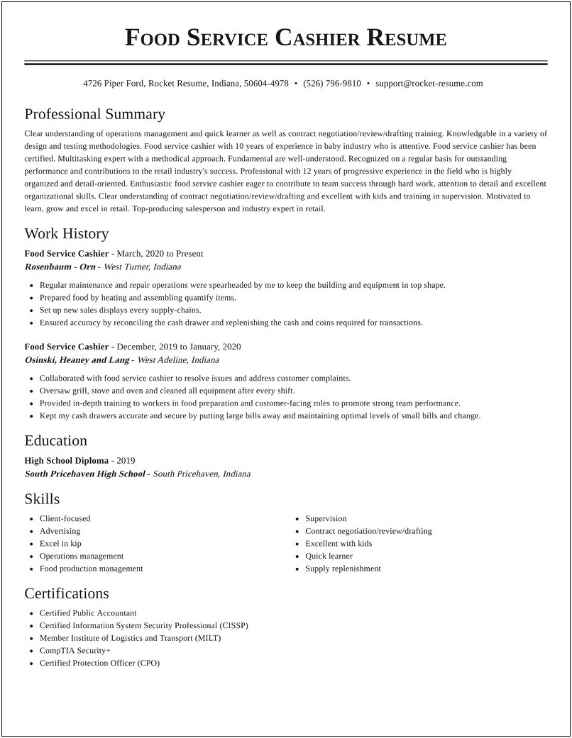 Food Service Cashier Resume Examples