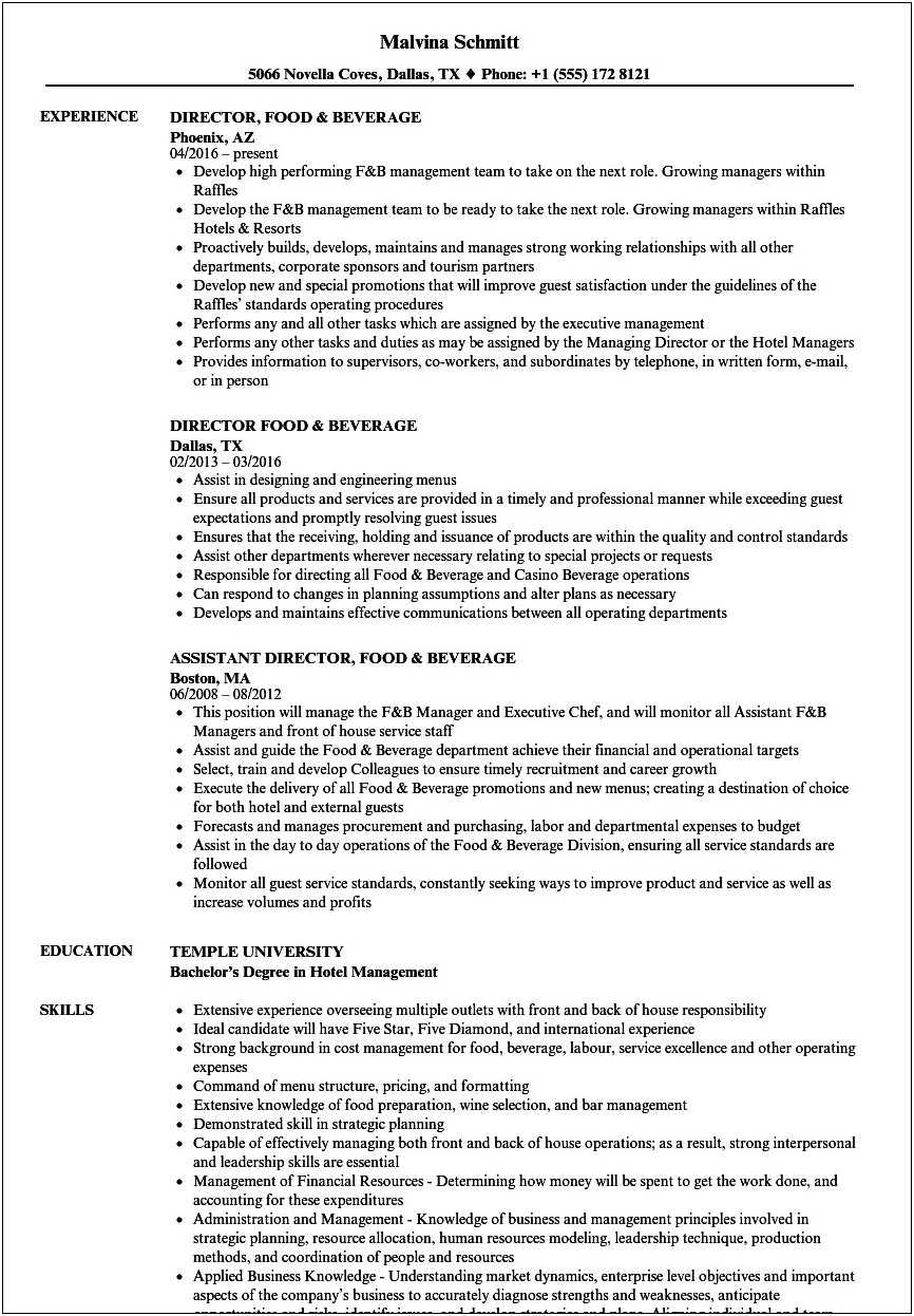 Food Service Director Resume Objective