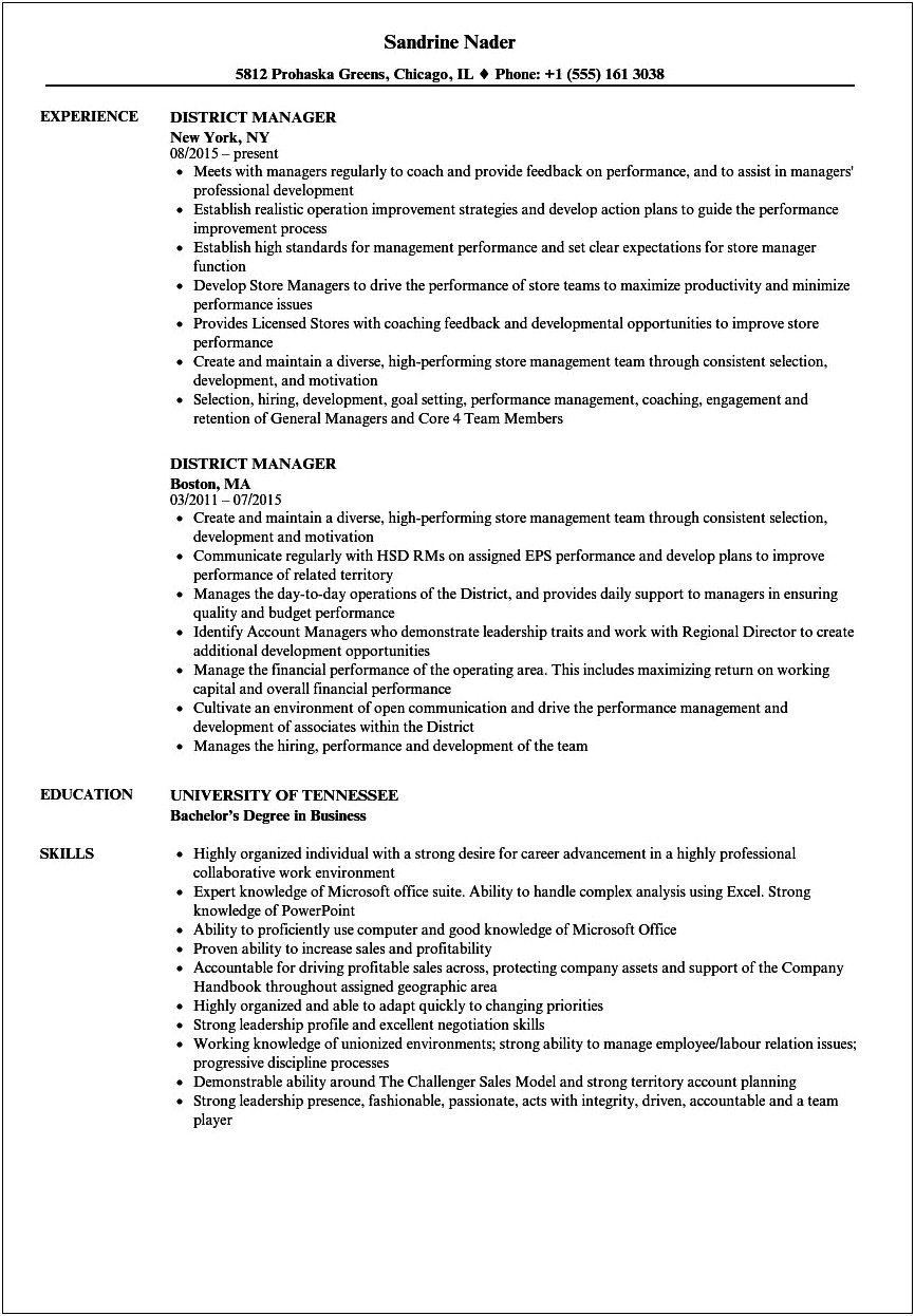 Food Service District Manager Resume
