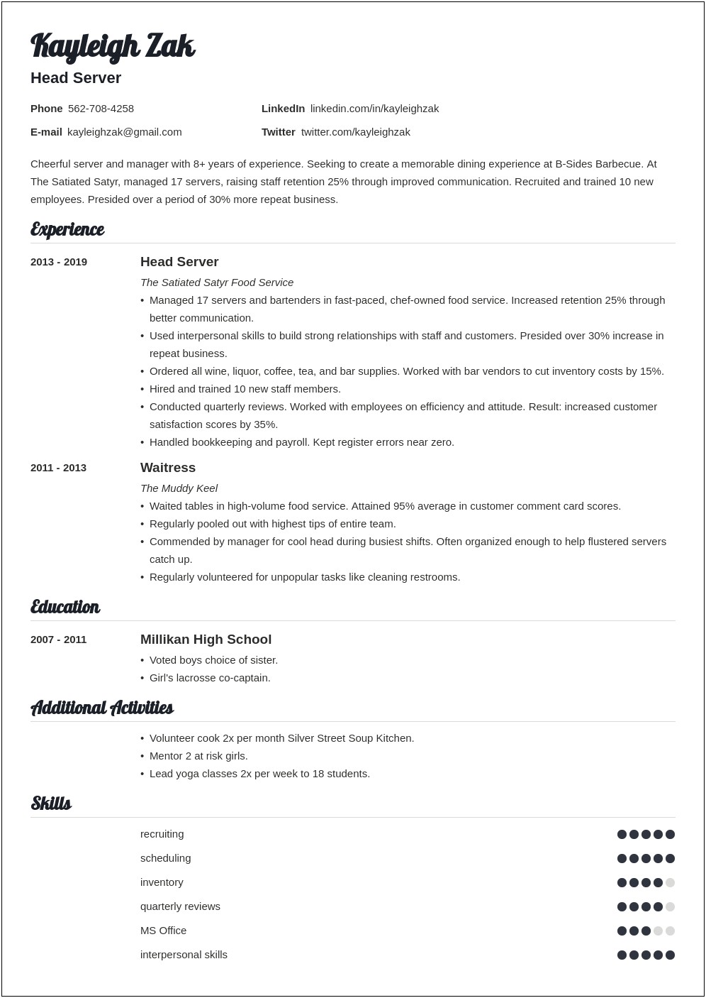 Food Service Industry Resume Examples