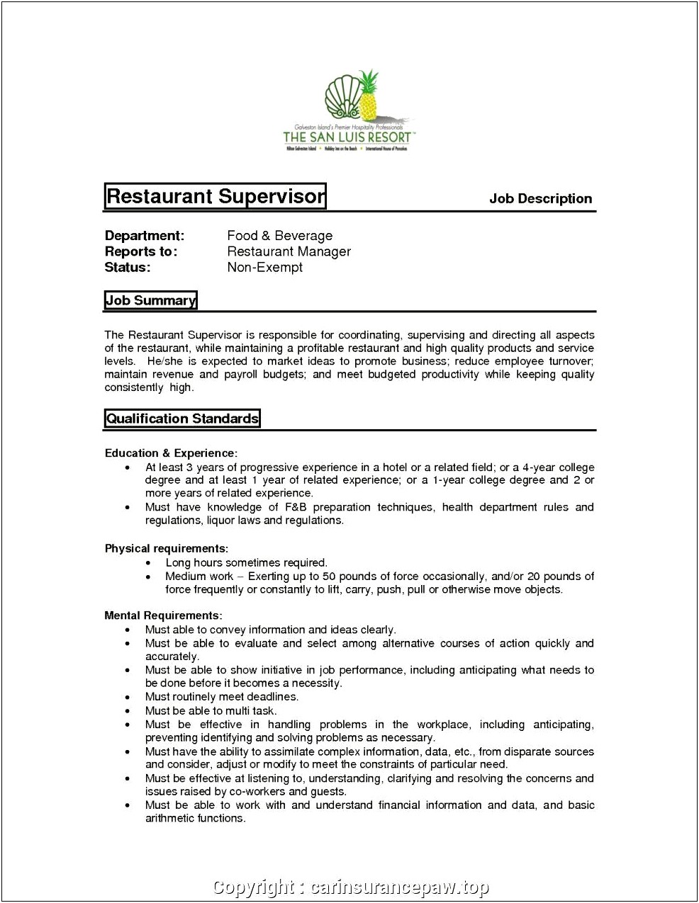 Food Service Manager Job Description For Resume