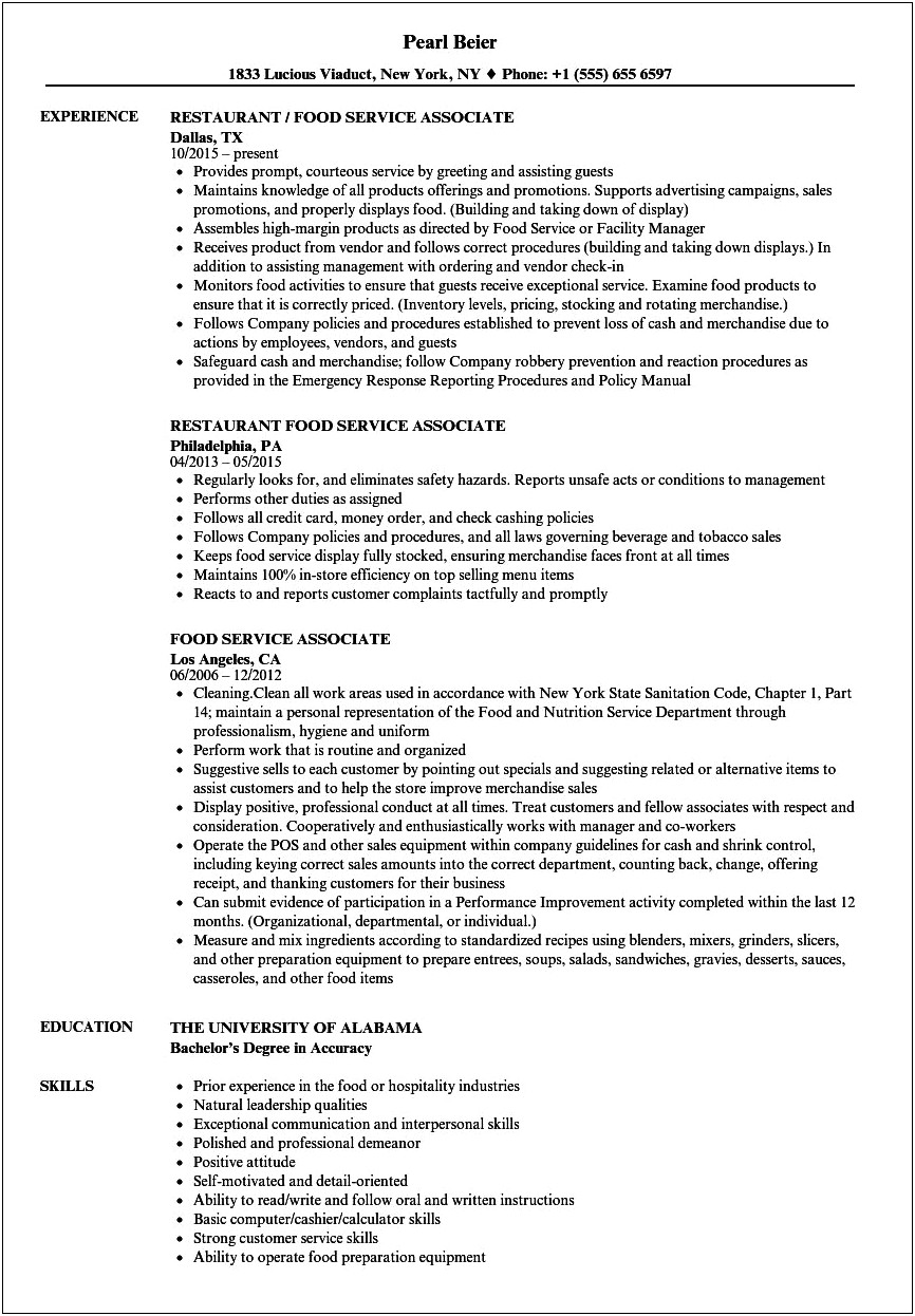 Food Service Resume Layout Example
