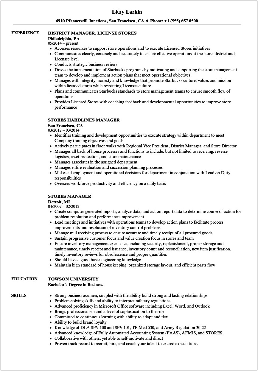 Food Service Retail Manager Resume