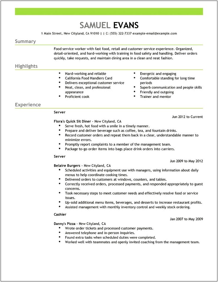 Food Service Worker Job Resume Summary