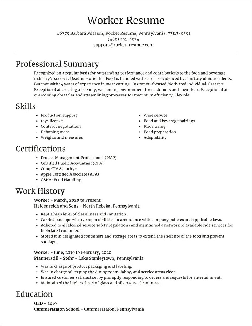 Food Service Worker Resume No Experience