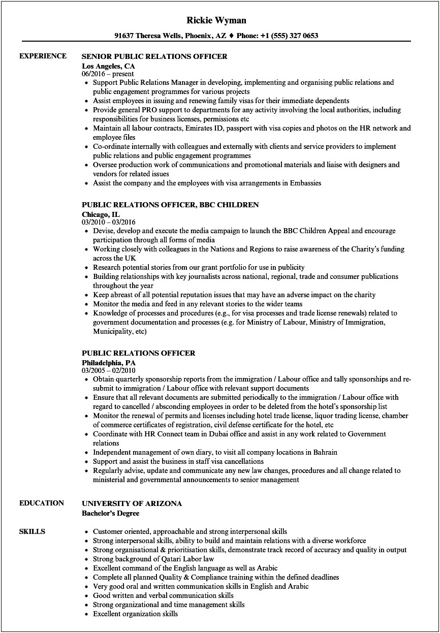 Foreign Affairs Officer Resume Sample