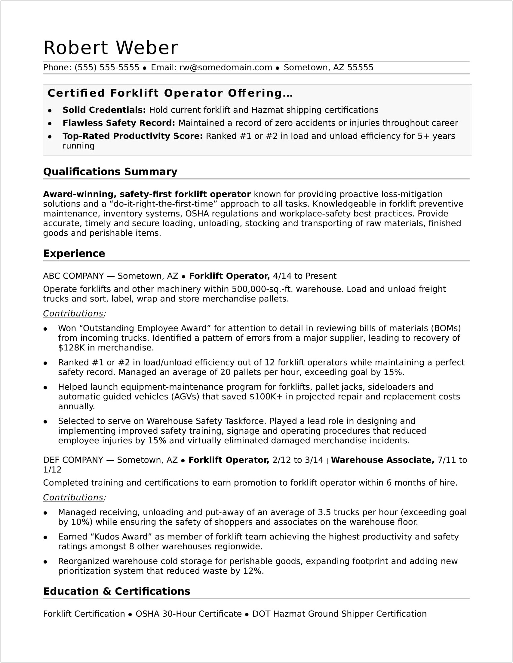 Forklift Operator Resume Cover Letter Examples