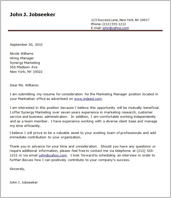 Formal Resume Cover Letter Example