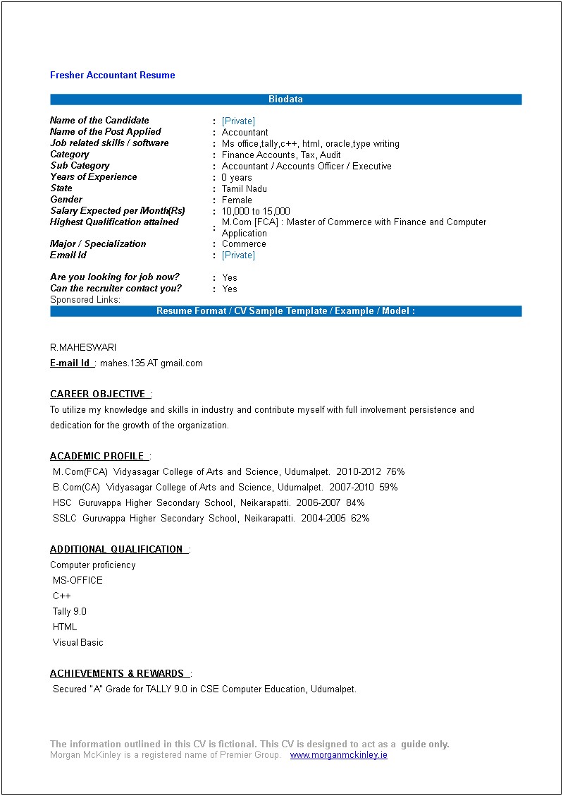 Format Of Resume For Accountant In Word