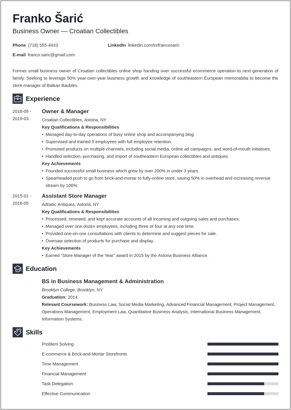 Former Business Owner Resume Example
