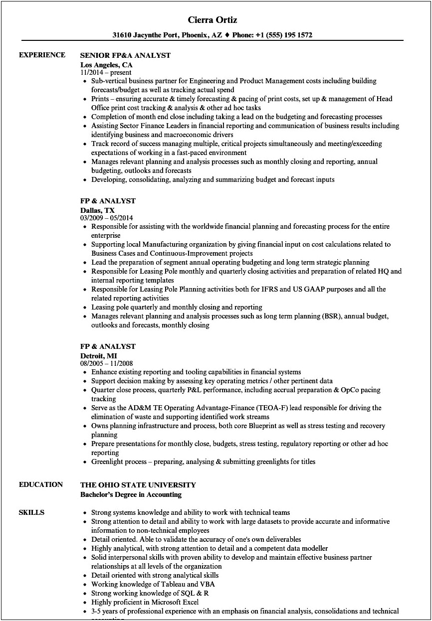 Fp&a Analyst Resume Sample